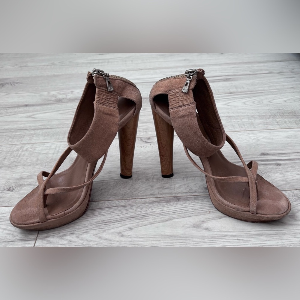 Max Azria Jasmin Suede Leather High Cone Heel Zipper Ankle Cuff Sandals Size 37